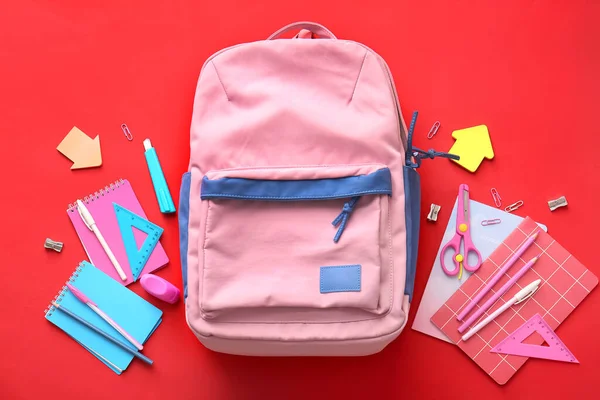 Sac Dos Scolaire Papeterie Sur Fond Couleur — Photo