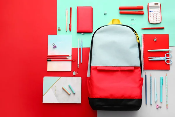 School Backpack Stationery Color Background — Stock Photo, Image