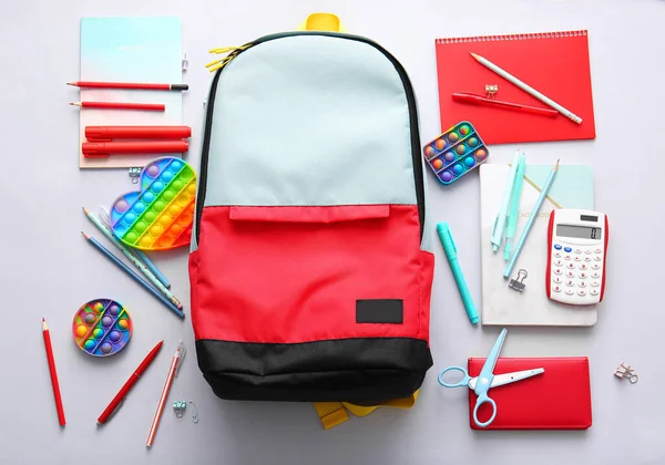 School Backpack Stationery Light Background — Stock Photo, Image