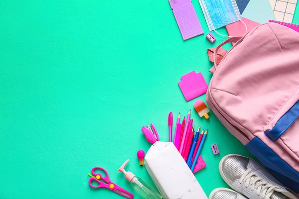 School Backpack Stationery Color Background — Stock Photo, Image