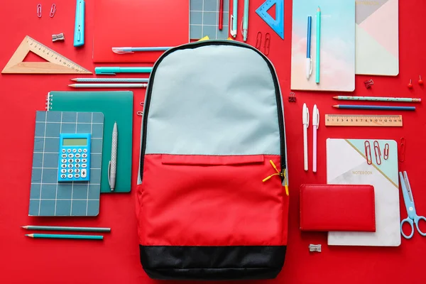 School Backpack Stationery Color Background — Stock Photo, Image