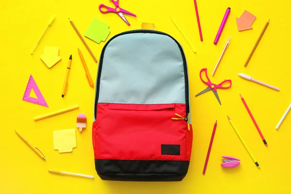 School Backpack Stationery Color Background — Stock Photo, Image