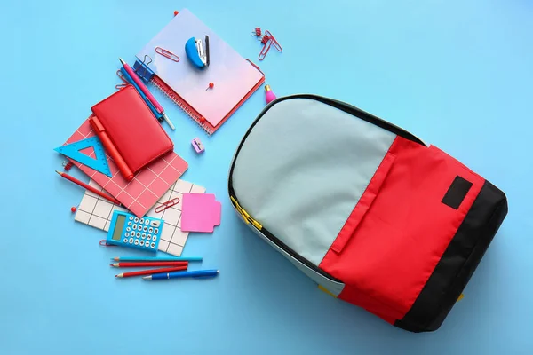 School Backpack Stationery Color Background — Stock Photo, Image