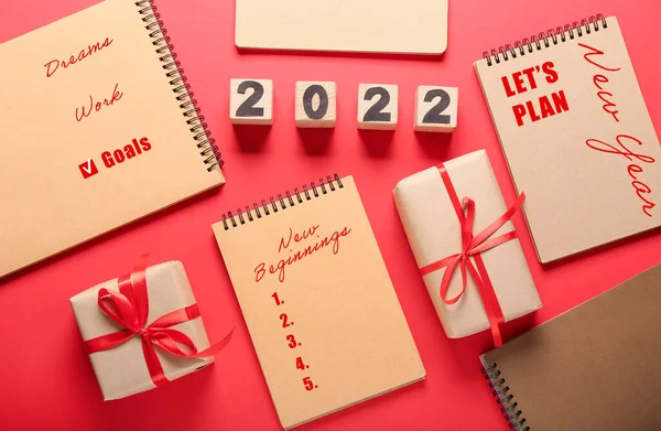 Notebooks Empty List 2022 Year Gifts Color Background — Stock Photo, Image