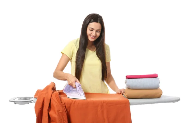 Young Woman Ironing Clothes White Background — Stock Photo, Image