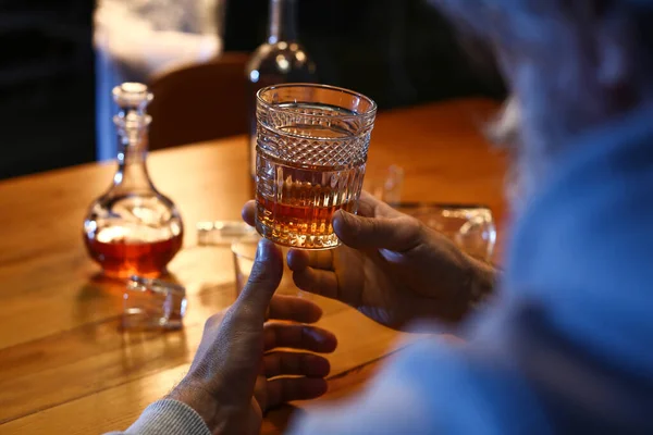 Senior Man Glass Drink Late Evening Home Closeup — Stock Photo, Image