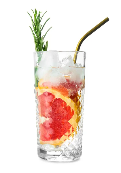 Glass Tasty Grapefruit Cocktail Rosemary White Background — Stock Photo, Image