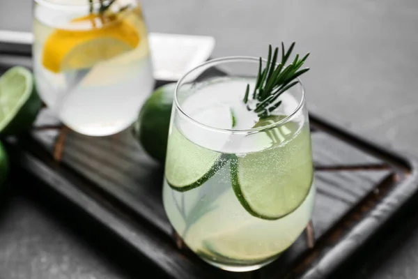 Glass Tasty Lime Cocktail Rosemary Dark Background Closeup — Stock Photo, Image