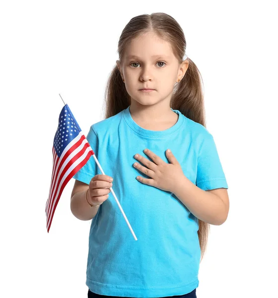 Little Girl Usa Flag White Background Memorial Day Celebration — Stock Photo, Image