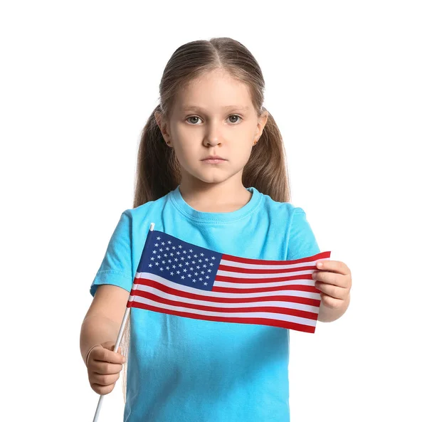 Malá Dívka Vlajkou Usa Bílém Pozadí — Stock fotografie