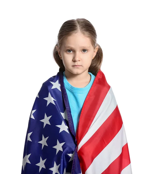 Malá Dívka Vlajkou Usa Bílém Pozadí — Stock fotografie
