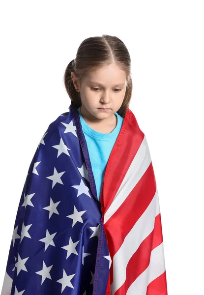 Smutná Holčička Vlajkou Usa Bílém Pozadí Slavnost Memorial Day — Stock fotografie
