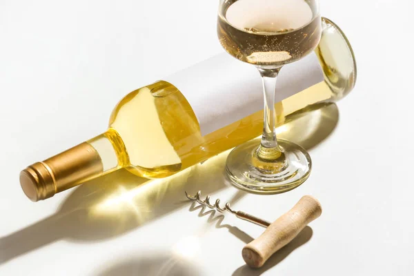 Bottle Exquisite Wine Corkscrew Glass Light Background — Stock Photo, Image