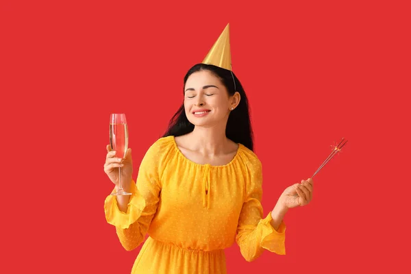 Beautiful Woman Glass Champagne Christmas Sparklers Color Background — Stock Photo, Image