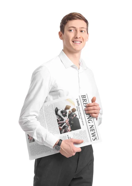 Молодий Бізнесмен Газетою Білому Тлі — стокове фото