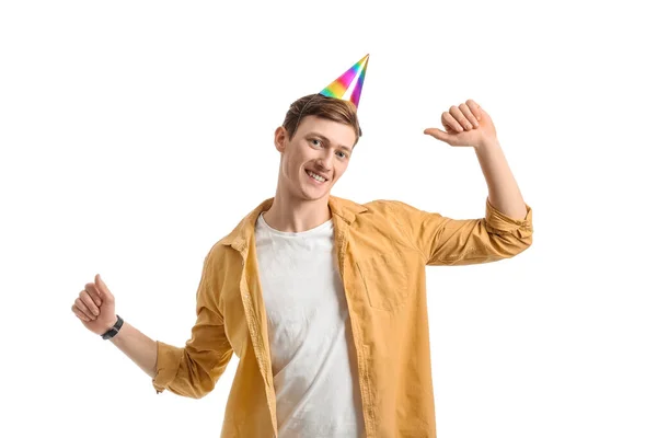 Joyeux Jeune Homme Chapeau Fête Sur Fond Blanc — Photo