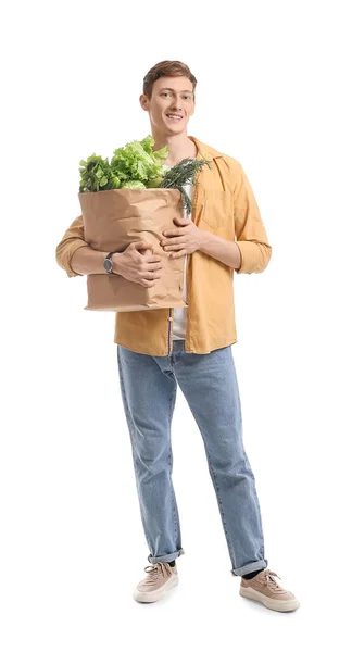 Joven Bolsa Papel Con Verduras Frescas Sobre Fondo Blanco — Foto de Stock