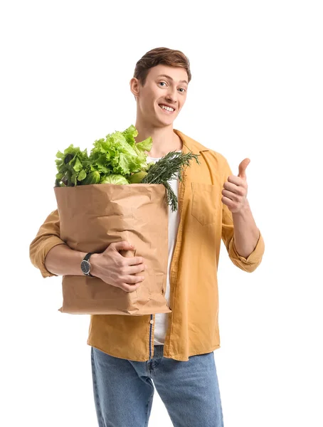 Jovem Saco Papel Com Legumes Frescos Fundo Branco — Fotografia de Stock