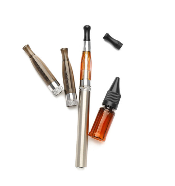 Electronic cigarette with oil on white background