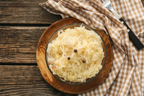 Bowl Tasty Sauerkraut Wooden Table — Stock Photo, Image