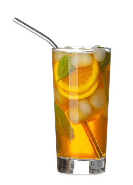 Glass Tasty Cold Ice Tea White Background — Stock Photo, Image