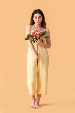 Arka planda protea çiçeği olan güzel genç bir kadın.