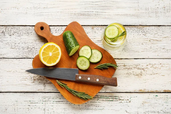 Glass Lemonade Cut Cucumber Light Wooden Background — Stock Photo, Image