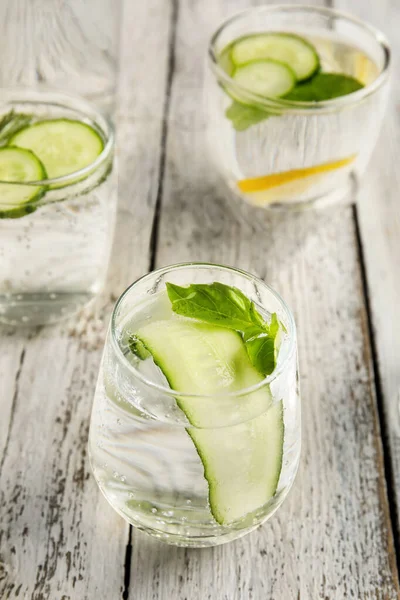 Glasses Cucumber Lemonade Light Wooden Background — Stock Photo, Image
