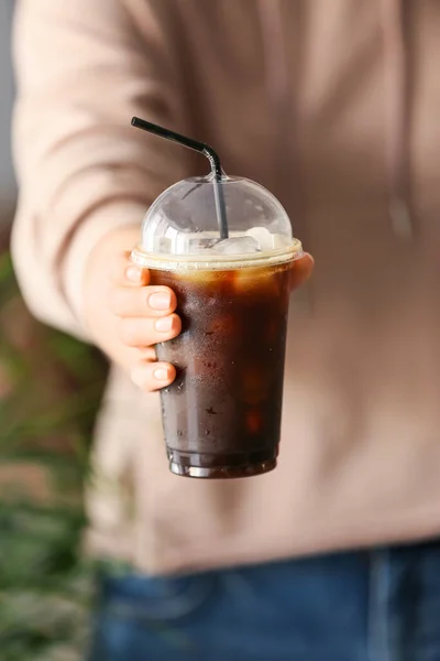 Woman Holding Plastic Cup Tasty Iced Coffee Indoors Closeup — Stock Photo, Image