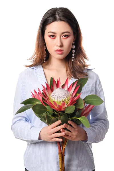 Schöne Junge Frau Mit Protea Blume Auf Weißem Hintergrund — Stockfoto