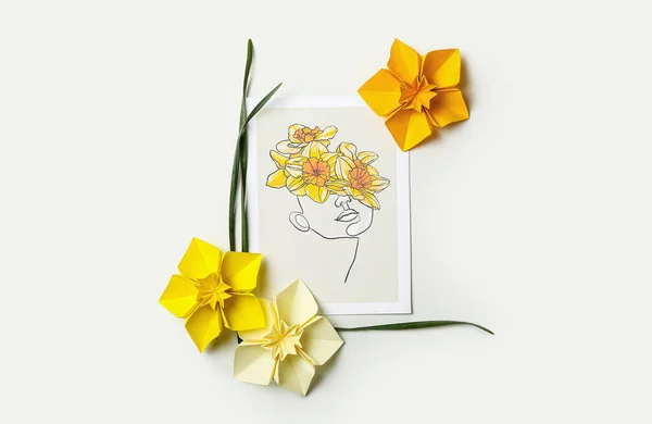 Origami Narcissus Blommor Och Gratulationskort Vit Bakgrund — Stockfoto