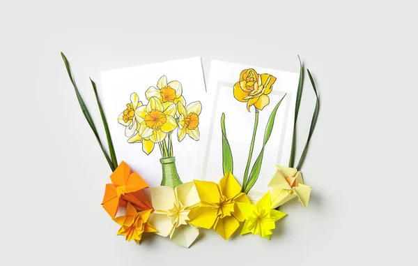 Origami Narcissus Flowers Greeting Cards White Background — Stock Photo, Image