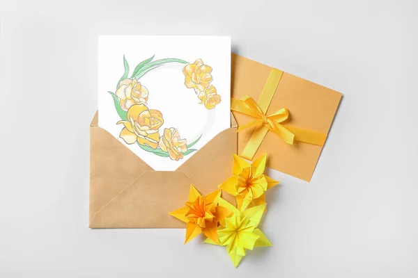 Origami Narcissus Flowers Envelope Greeting Card White Background — Stock Photo, Image