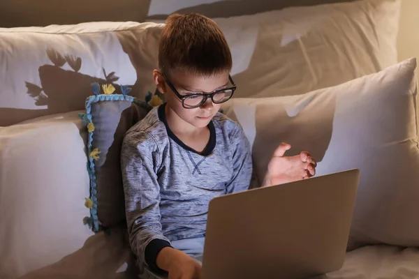 Cute Boy Watching Cartoons Bedroom Night — Stock Photo, Image