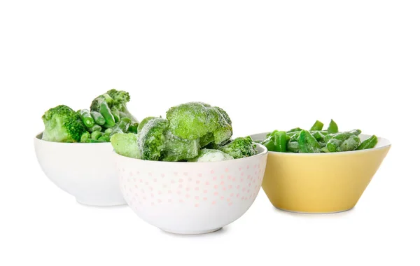 Bowls Frozen Green Vegetables White Background — Stock Photo, Image