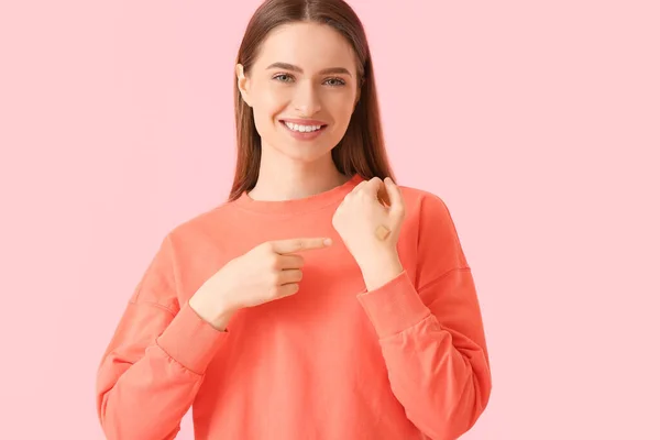 Young Woman Applied Medical Patch Color Background — Stock Photo, Image