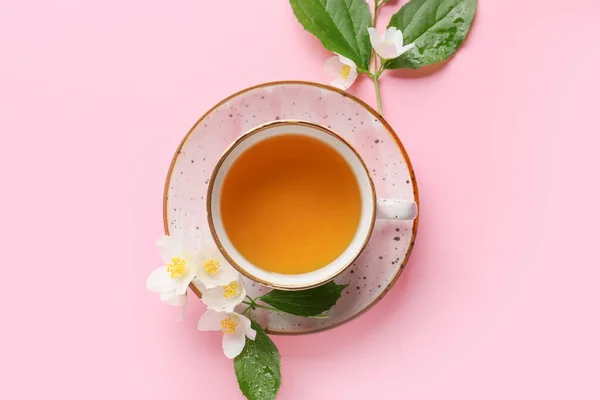 Cup Jasmine Tea Flowers Color Background — Stock Photo, Image
