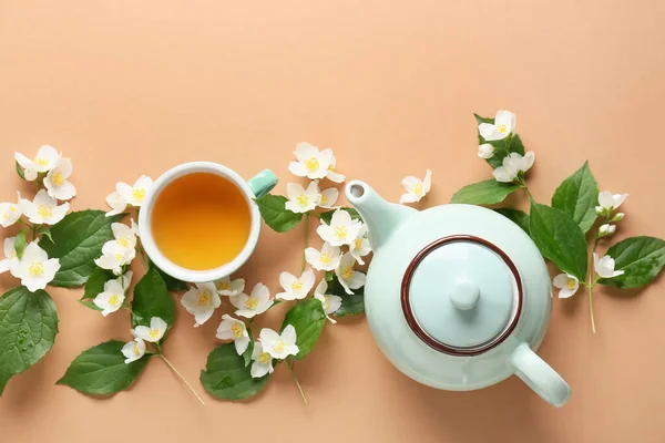 Composition Cup Jasmine Tea Teapot Flowers Color Background — Stock Photo, Image