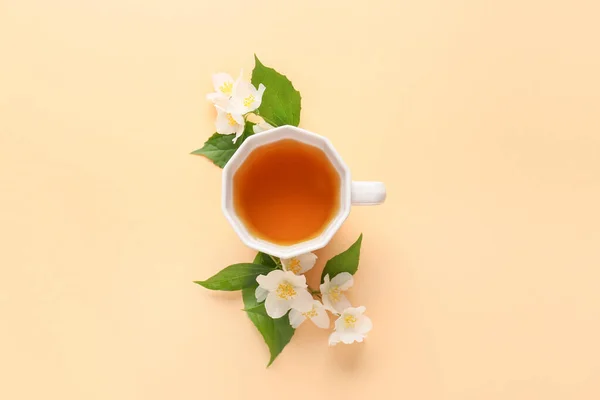 Cup Jasmine Tea Flowers Color Background — Stock Photo, Image