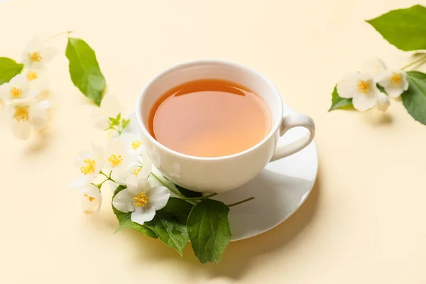 Cup Jasmine Tea Flowers Color Background — Stock Photo, Image