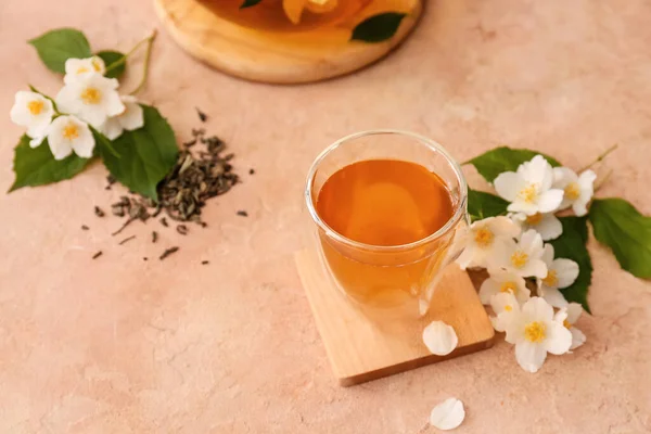 Glass Jasmine Tea Flowers Color Background — Stock Photo, Image
