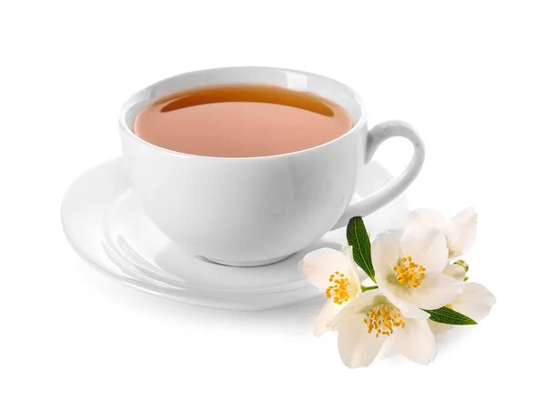 Cup Jasmine Tea Flowers White Background — Stock Photo, Image