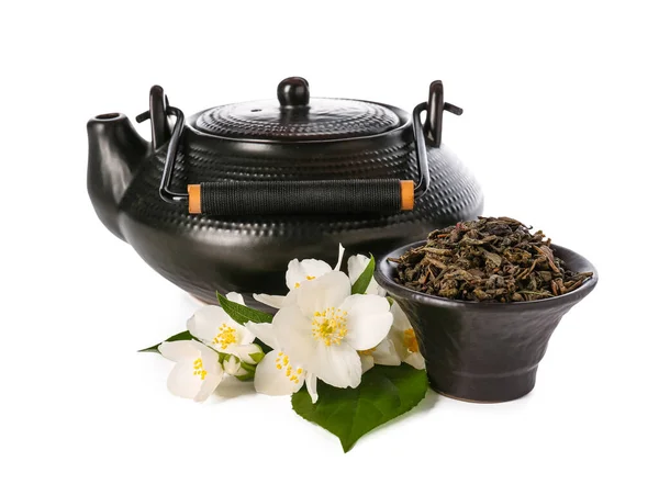 Teapot Bowl Dry Tea Leaves Flowers White Background — Stock Photo, Image