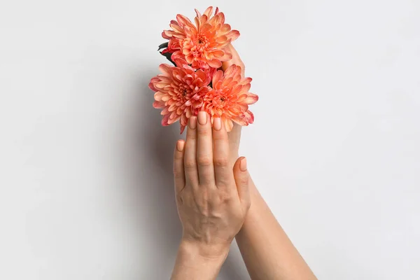 Hands Beautiful Manicure Flowers White Background — Stock Photo, Image