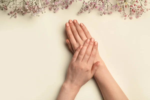 Hands Beautiful Manicure Flowers Light Background — Stock Photo, Image