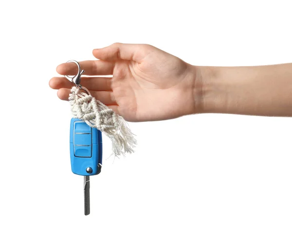 Female Hand Car Key Handmade Cotton Keychain White Background — Stock Photo, Image