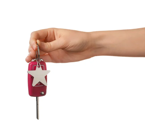 Female Hand Car Key Star Shape Keychain White Background — Stock Photo, Image