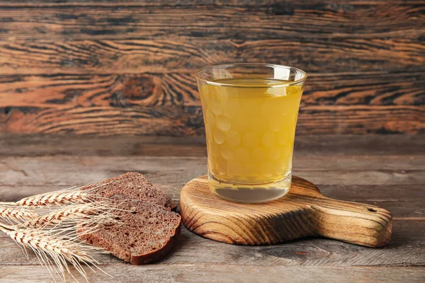 Glass Fresh Kvass Wooden Background — Stock Photo, Image