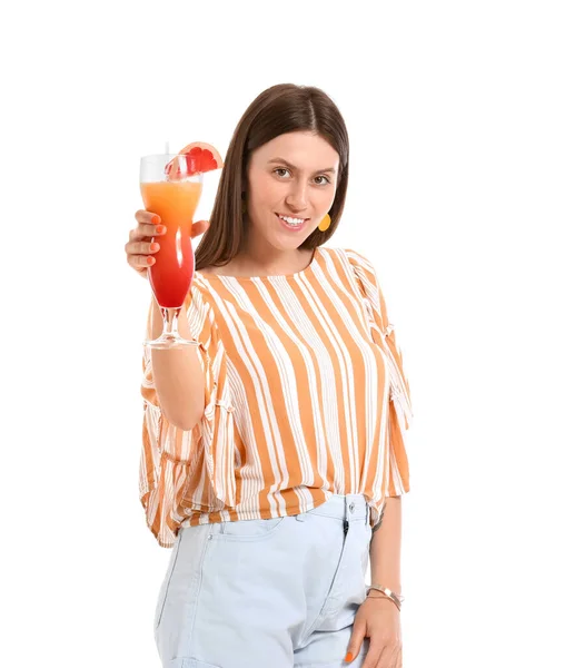 Beautiful Young Woman Cocktail White Background — Stock Photo, Image