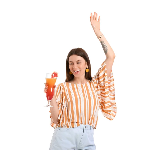 Mujer Joven Feliz Con Cóctel Sobre Fondo Blanco — Foto de Stock